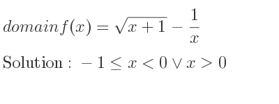 The domain of f(x)=sqrt(x+1)-1/x is -1<= x<0\lor x>0